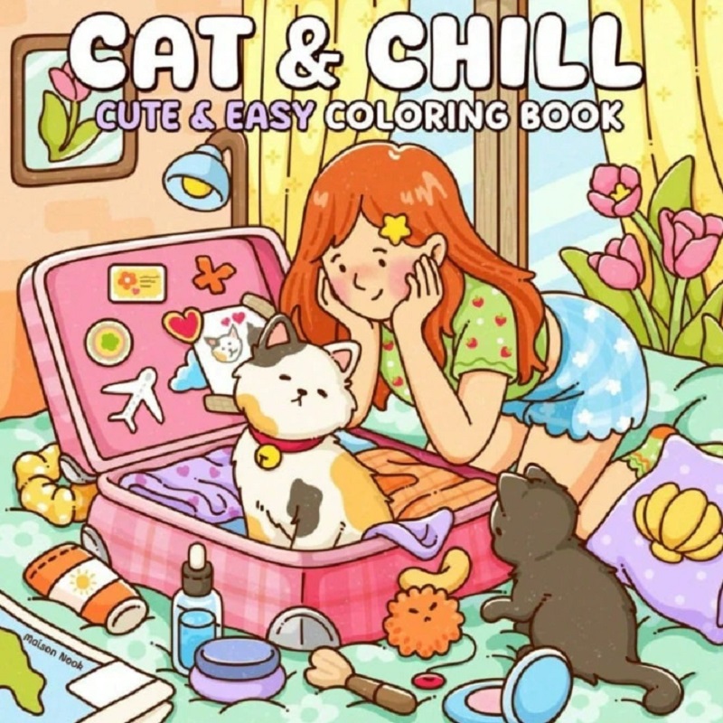 Gato e menina bonito livro de  - Adult Coloring Book Stress Relief avaliação e preço